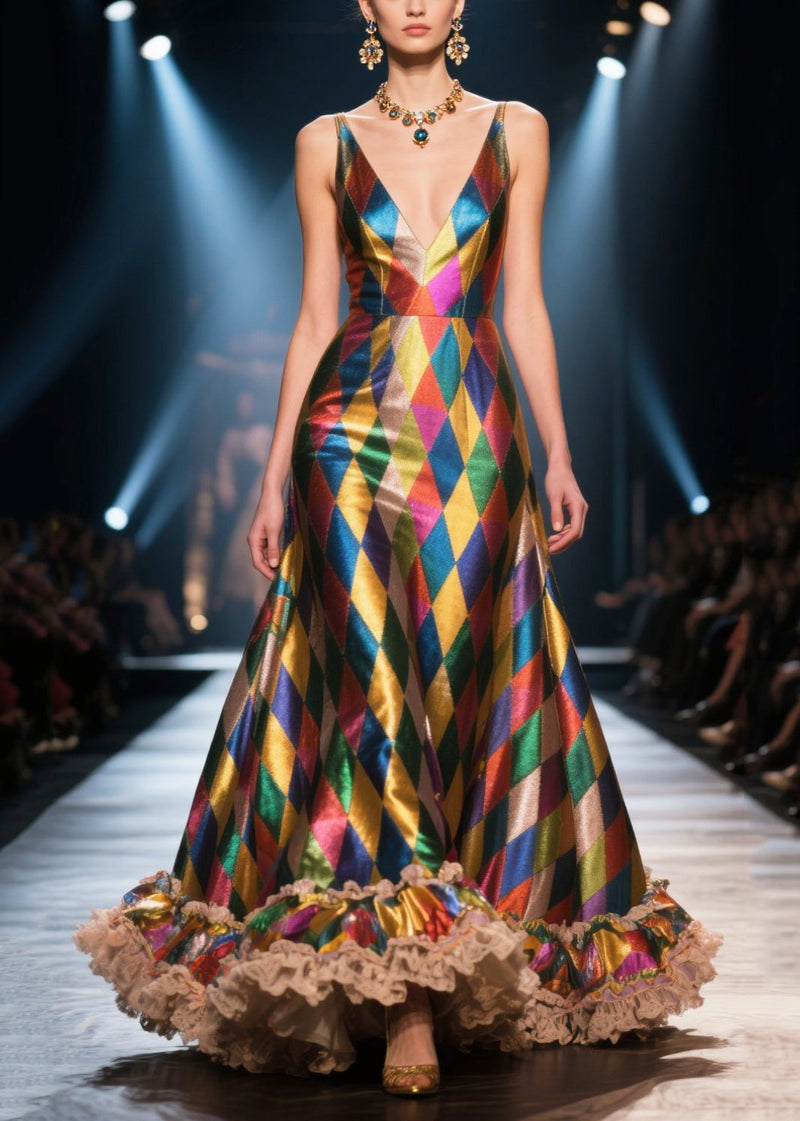 Colorblock Ruffled Patchwork Plaid Silk Evening Dress Summer