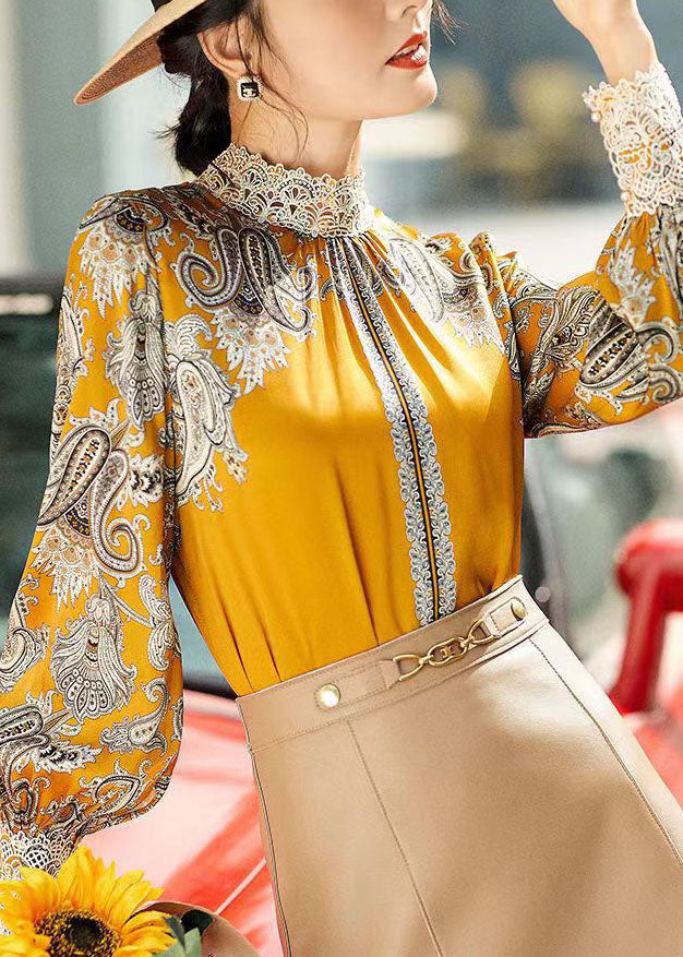 Yellow Stand Collar Embroideried Patchwork Print Chiffon Blouse Tops Long Sleeve