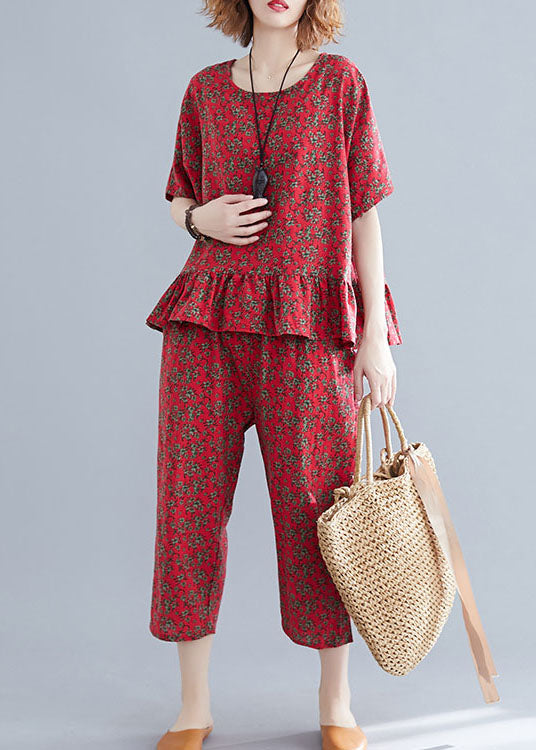 Handmade Red O-neck Patchwork Ruffled Cotton Two Pieces Set Short Sleeve