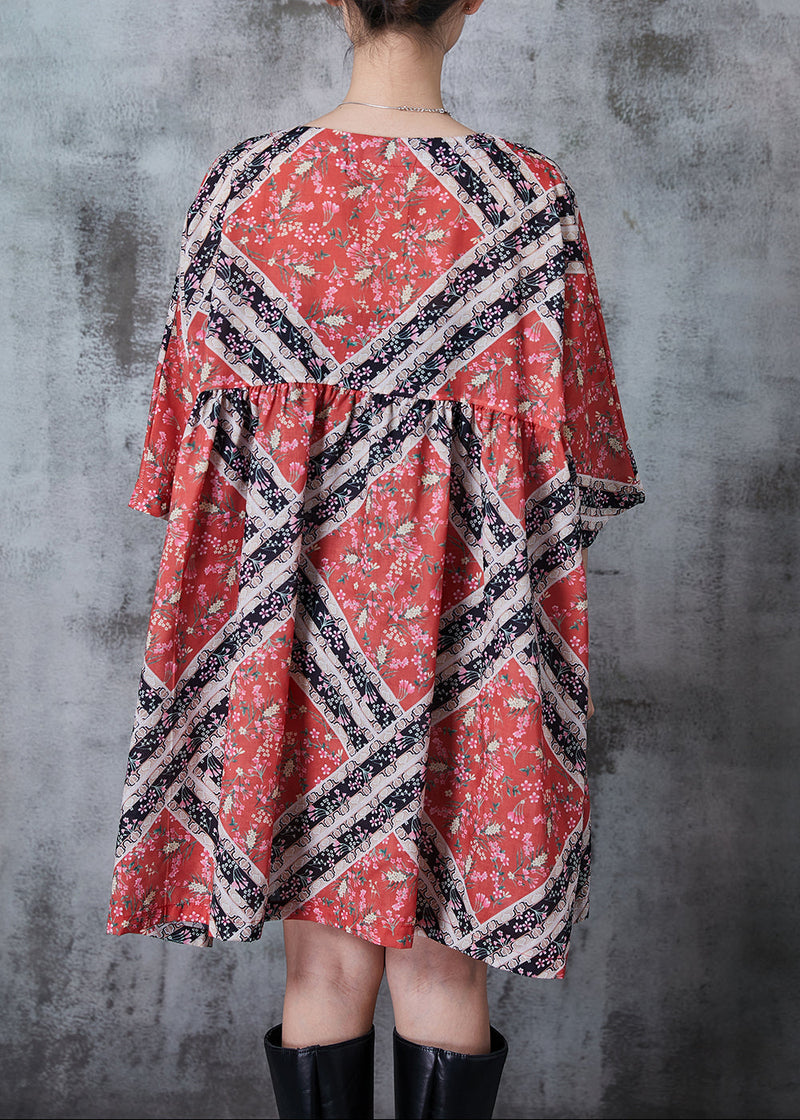 Red Oversized Print Cotton Mid Dresses Summer