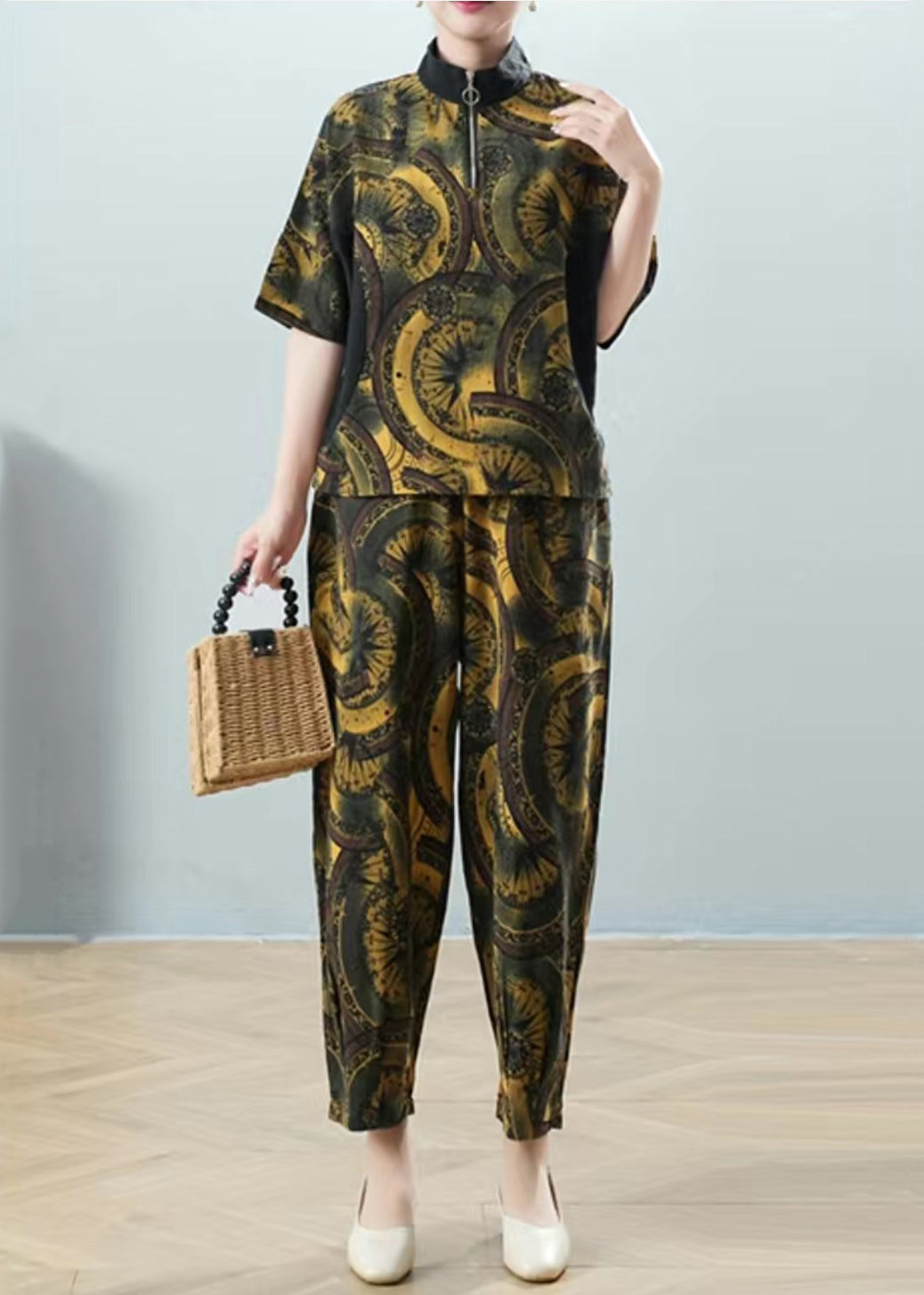 Green Print Shirt and Harem Pants Two Pieces Set Half Sleeve