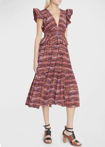 Red V Neck Print Cotton Dress Butterfly Sleeve