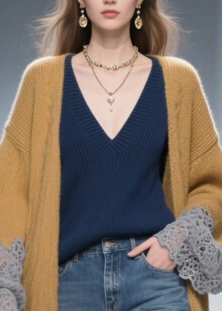 Brown Oversized Patchwork Lace Knit Long Cardigans Winter