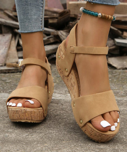 European and American Style Wedge Sandals Khaki Faux Leather