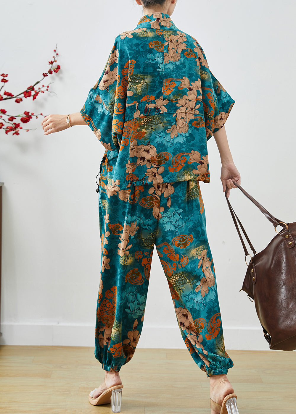 Sea Blue Zip Up Print Chiffon Two Pieces Set Summer