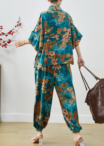 Sea Blue Zip Up Print Chiffon Two Pieces Set Summer