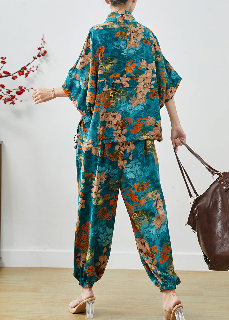 Sea Blue Zip Up Print Chiffon Two Pieces Set Summer
