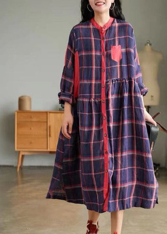 Blue O-neck Plaid Patchwork Shirt Dress Spring