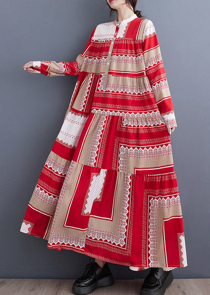 Colorblock Stand Collar Print Asymmetrical Patchwork Robe Dresses Spring