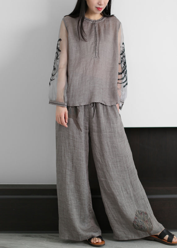 Boutique Grey O-neck Embroideried Tulle Patchwork Linen Two Piece Set Clothing Summer