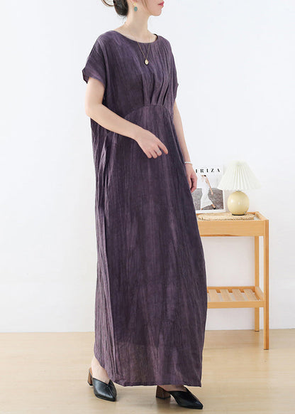 Purple O-neck Wrinkled Linen Long Dresses Short Sleeve