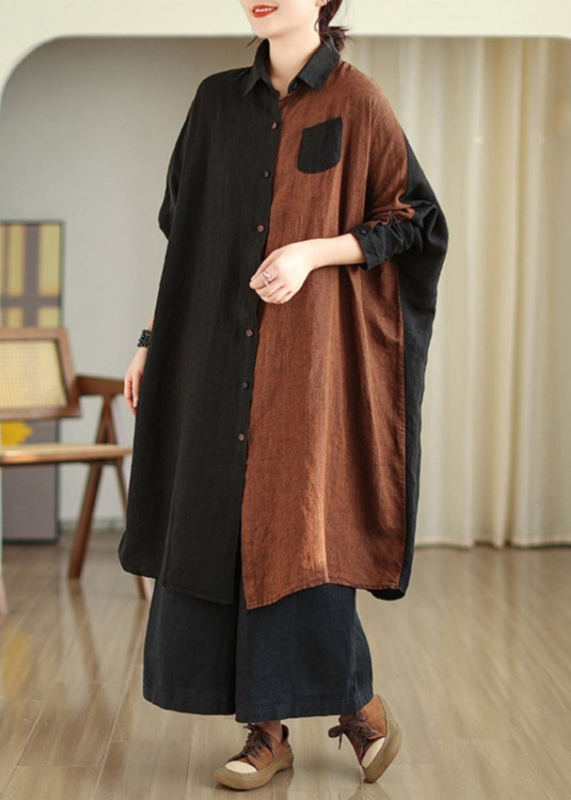 Stand Collar Patchwork Button Long Shirts Long Sleeve