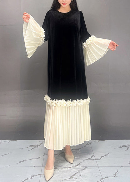 Red O Neck Chiffon Patchwork Velour Dresses Flare Sleeve