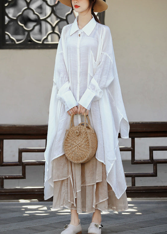 White Asymmetrical Design Peter Pan Collar Linen Long Shirt Long Sleeve