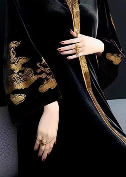 Black V Neck Print Patchwork Silk Velour Long Dresses Fall
