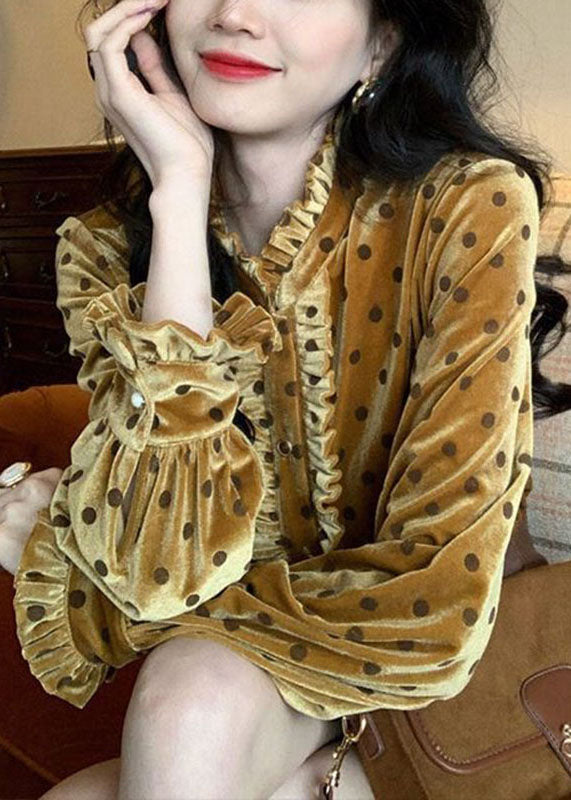 Ruffled Patchwork Dot Print Button Silk Velour Shirt Long Sleeve