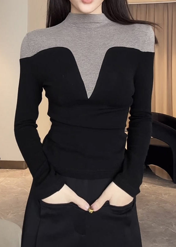Black Stand Collar Patchwork Cotton Tops Spring