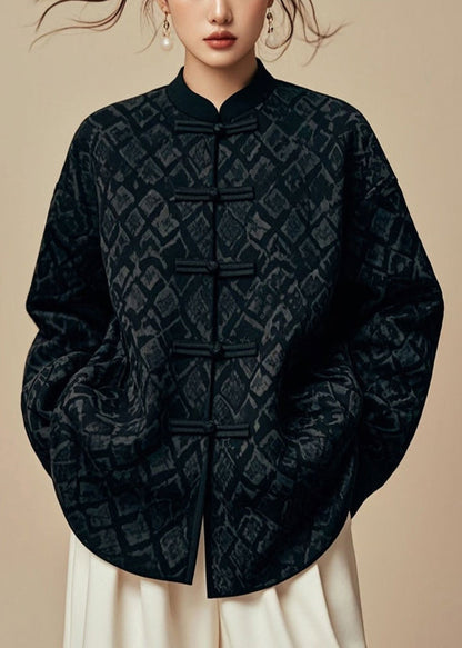 Black Stand Collar Cotton Coat Fall