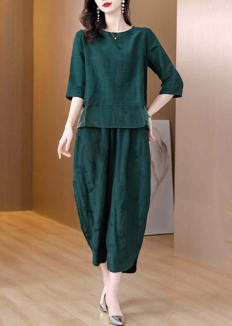 Green Oversized Patchwork Linen Two Pieces Set Spring