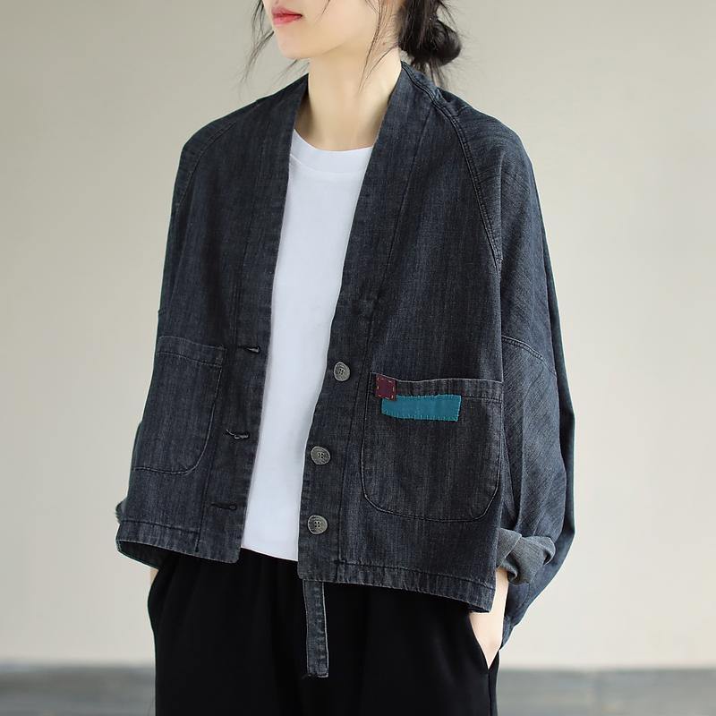 Denim Black Coats V Neck Button Down Spring Coats
