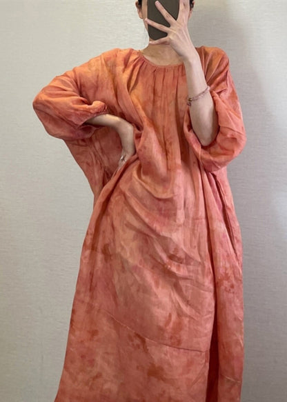 Natural Orange O-neck Tie Dye Maxi Dress Lantern Sleeve