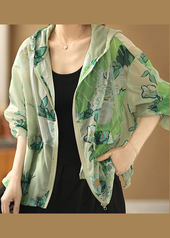 Style Green Hooded Zippered Pockets Drawstring Print Upf 50+ Coat Jackets Summer