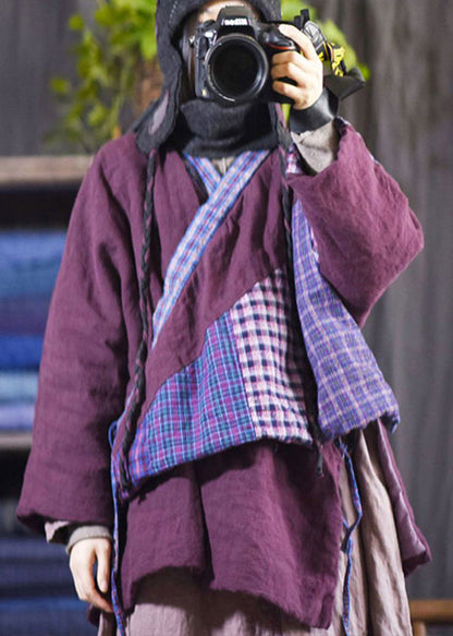 Purple V Neck Lace Up Patchwork Fine Cotton Filled Coats Winter