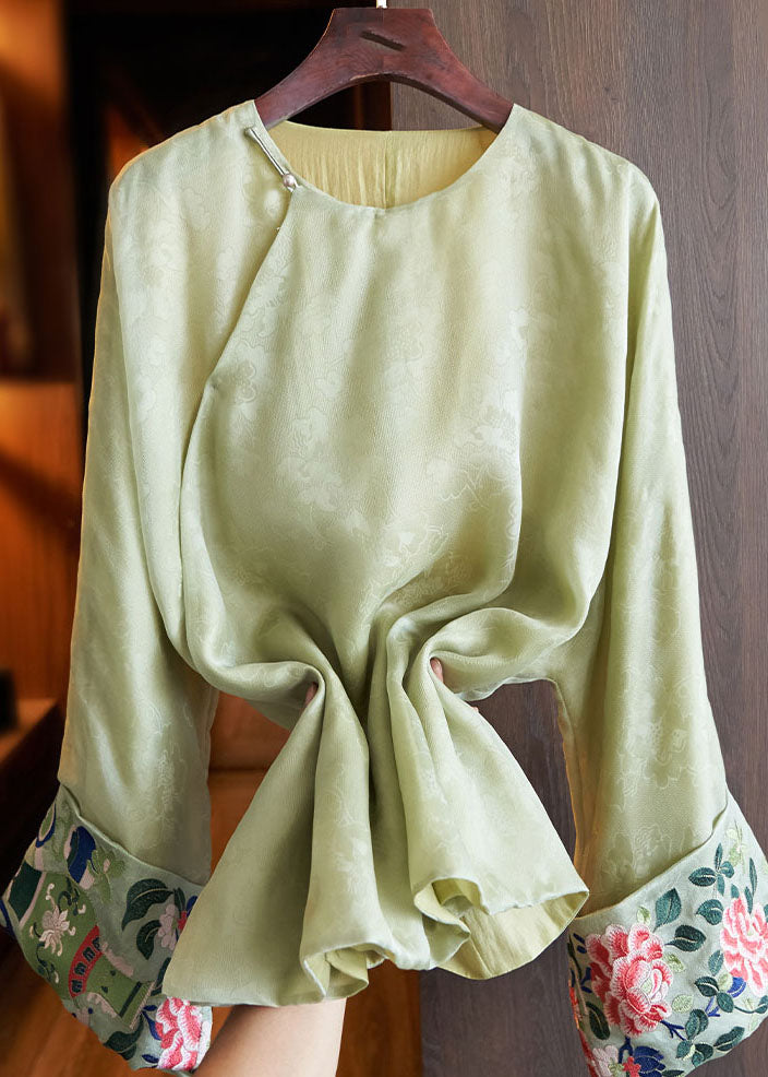 Green O-neck Asymmetrical Embroideried Silk Shirts Fall