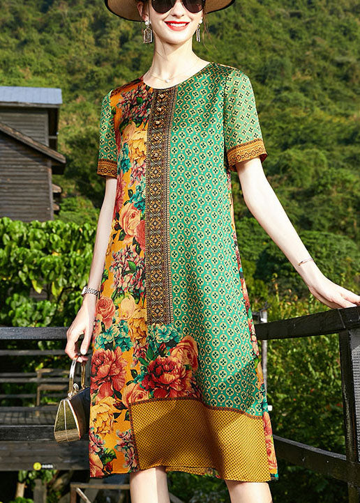 Art Green O-neck Print Silk Formal Dresses Short Sleeve