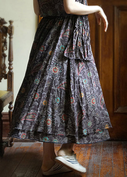 Black Elastic Waist Drawstring Print Patchwork Cotton Skirt Spring