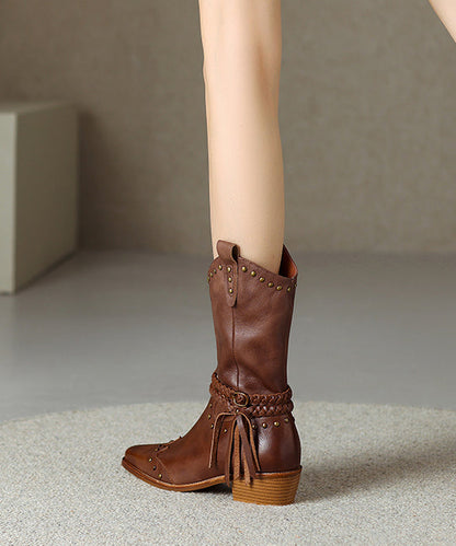 Splicing Rivet Tassel Chunky Boots Yellow Cowhide Leather