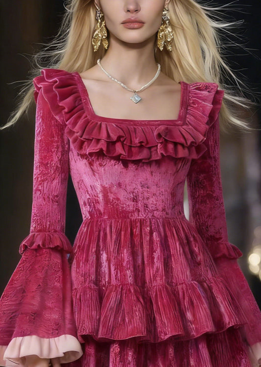 Rose Square Collar Ruffled Patchwork Mini Dresses Flare Sleeve