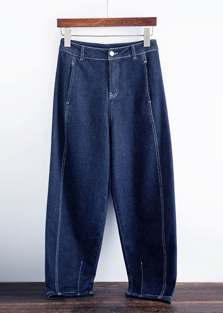 Blue High Waist Pockets Cotton Denim Harem Pants Summer