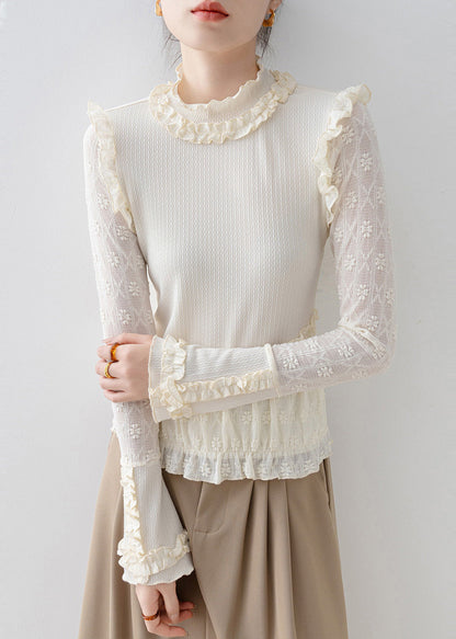Beige Ruffled Jacquard Lace Blouses Spring