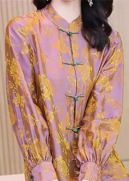 Diy Orange Stand Collar Jacquard Oriental Button Silk Shirt Tops Long Sleeve