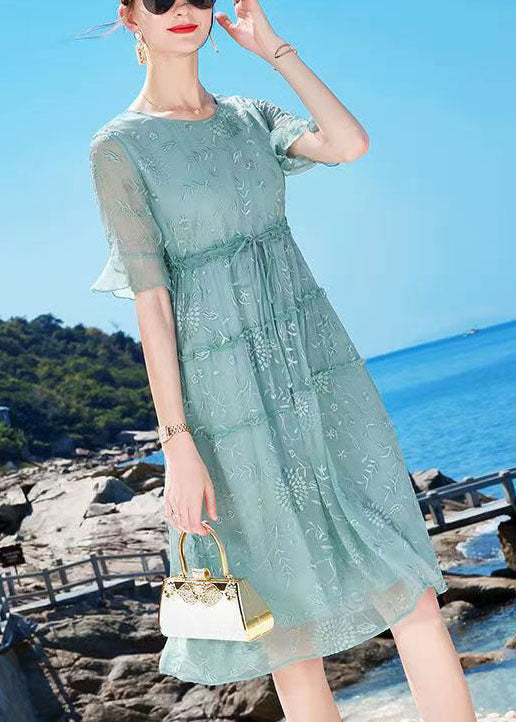 Blue O-neck Embroideried Ruffled Tie Waist Silk Dress Summer