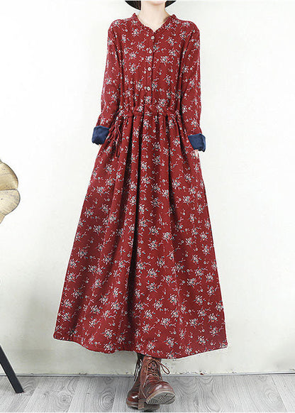 Red O-neck Cinched Print Warm Fleece Long Dresses Long Sleeve