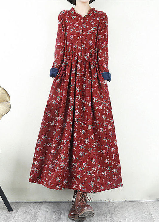 Red O-neck Cinched Print Warm Fleece Long Dresses Long Sleeve