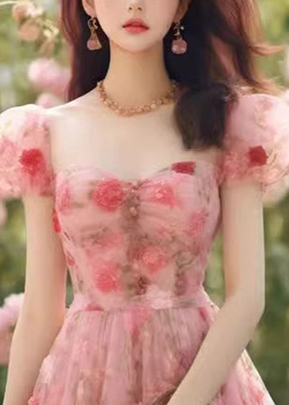 Pink Print High Waist Chiffon Long Dress Summer