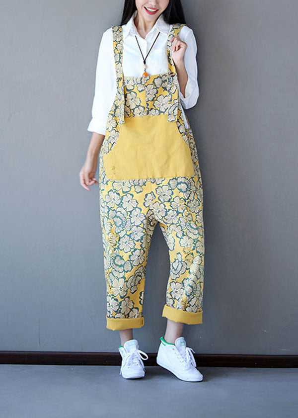 Yellow Patchwork Print Denim Jumpsuit Spring