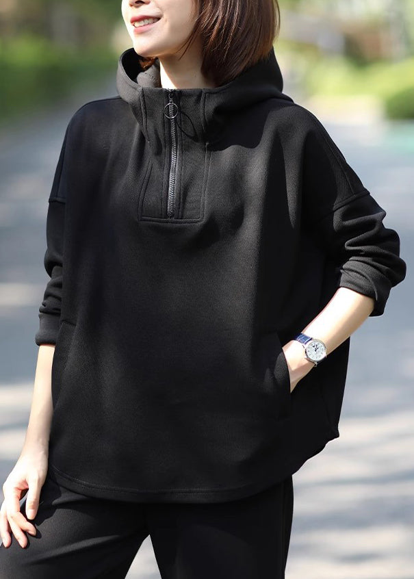 Black Hooded Cotton Pullover Sweatshirt Fall
