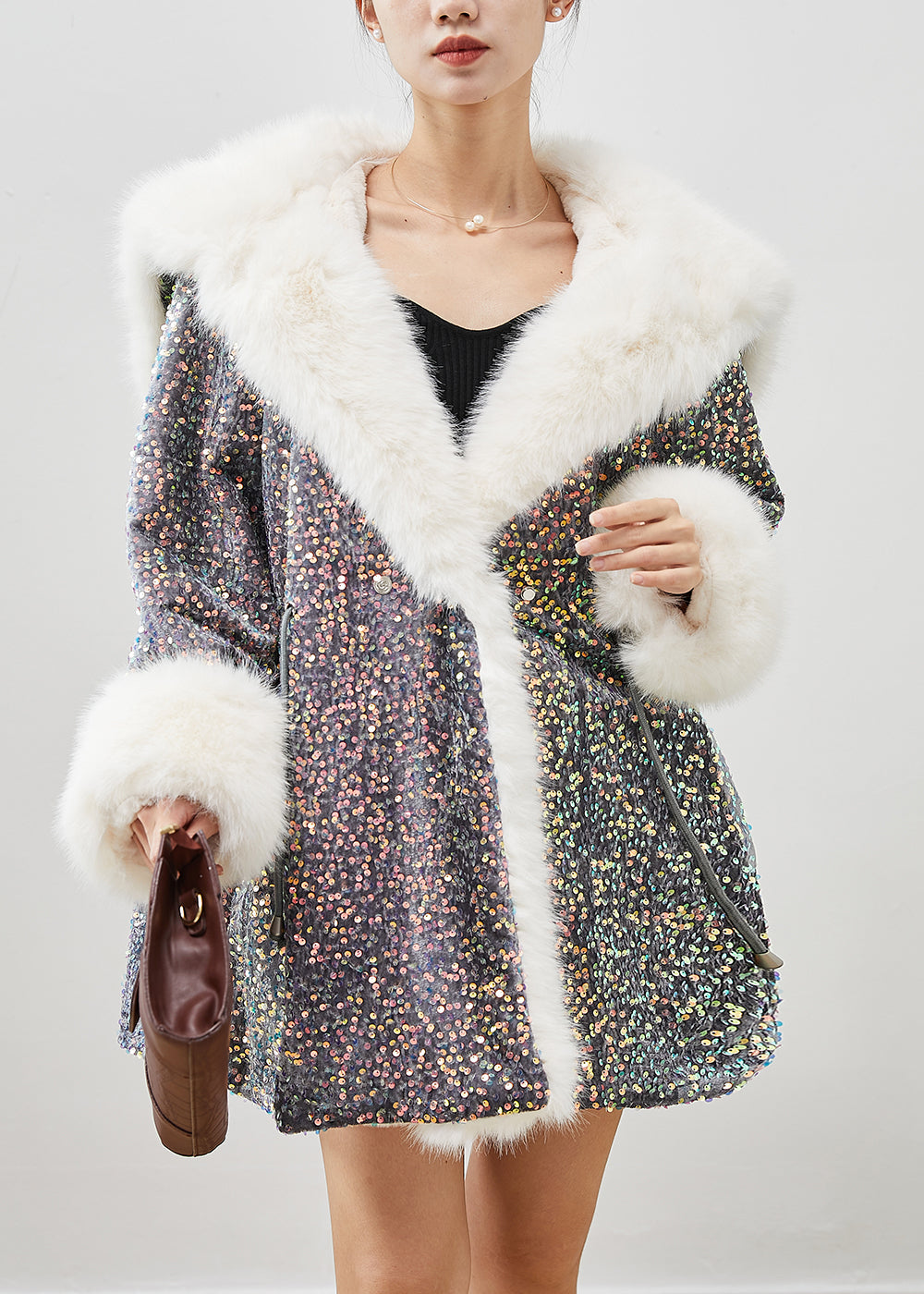 Grey Sequins Warm Faux Fur Velour Hoodie Coat Winter