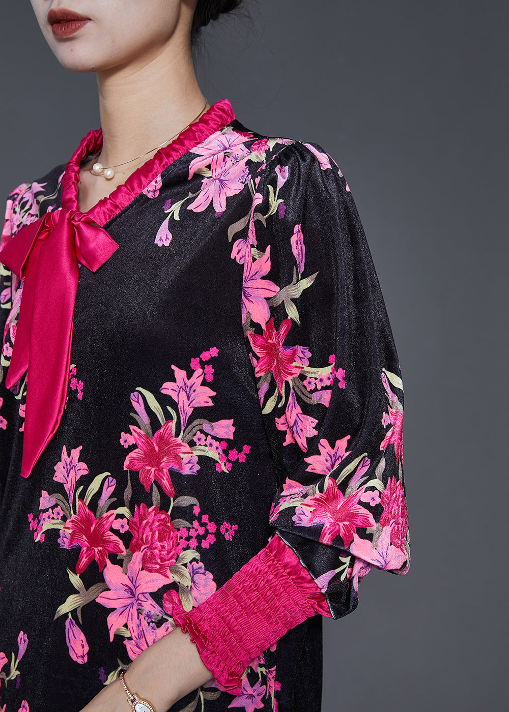 Diy Black Bow Collar Print Silk Velour Shirt Spring