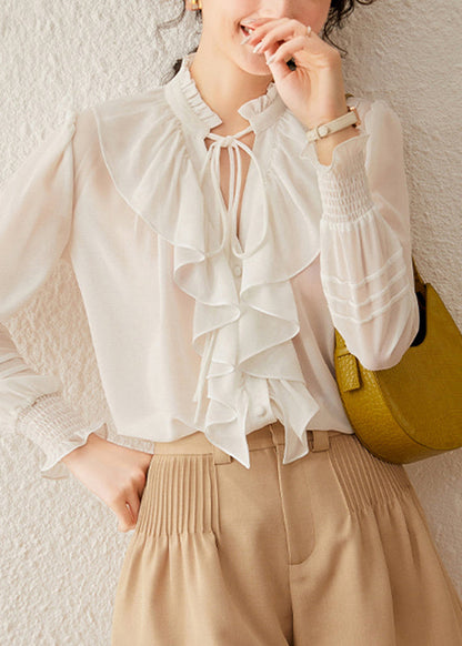 White Stand Collar Tie Lace Lantern Sleeve
