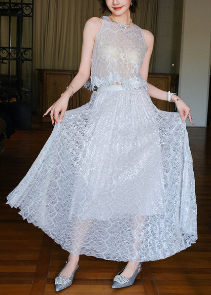 Novelty Grey Sequins Hollow Out Lace Two Piece Set Sleeveless