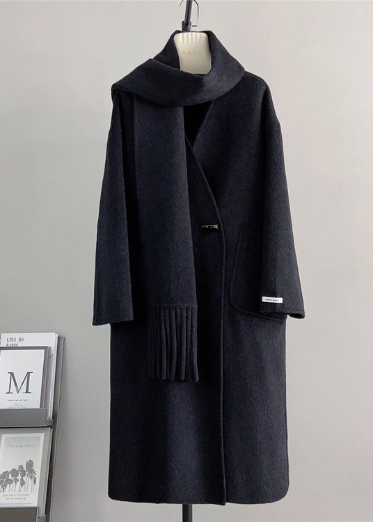 White V Neck Pockets Scarf Woolen Coat Winter