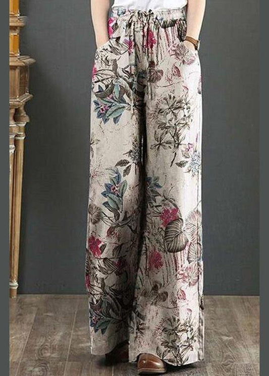 Cotton Palnt Print Pocket Drawstring Elastic Waist Retro Wide Leg Pants