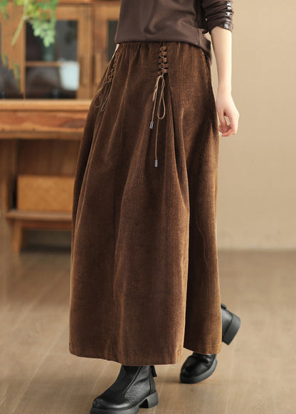Coffee Lace Up Corduroy Skirts High Waist