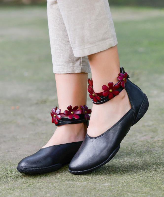 Genuine Leather Black Flat Shoes for Buckle Strap Flat Shoes for