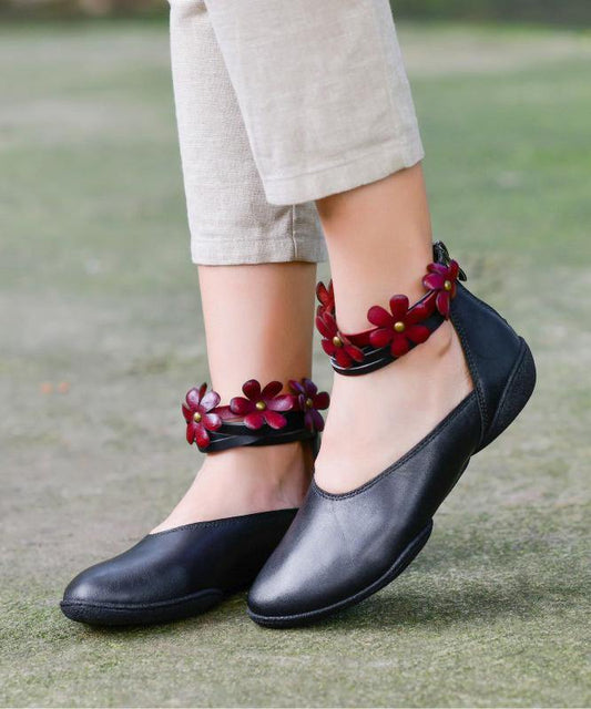 Genuine Leather Black Flat Shoes for Buckle Strap Flat Shoes for